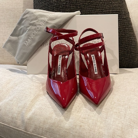 Manolo Blahnik Red Patent Ankle Strap Heels - Picture 2 of 5